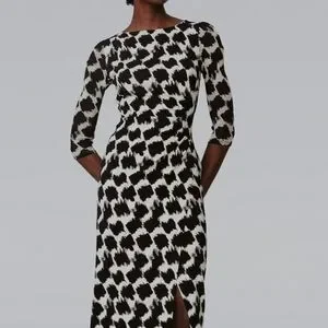 diane von furstenberg black white dress 3/4 Sleeve Fold Neck Midi Dress, Black  Jolie Moi Retail